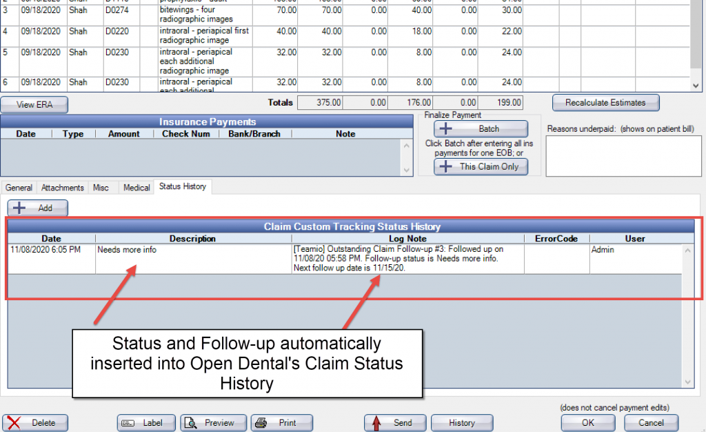 Open Dental Custom Claim Tracking History integration with Teamio