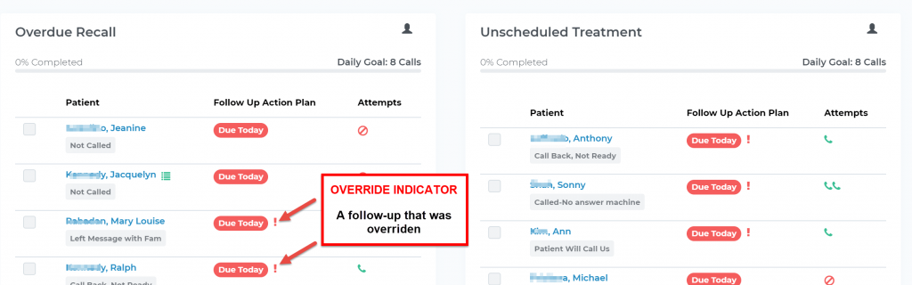 Open Dental Patient Follow-up Override Indicator on the Teamio Dashboard