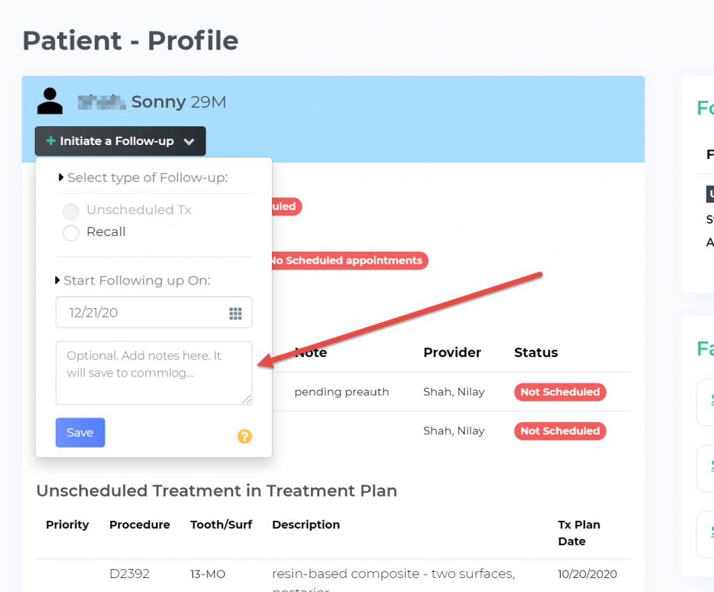 Setting an initial Follow-up date for Open Dental patient and creating an Initial note from the Patient's Profile page on Teamio